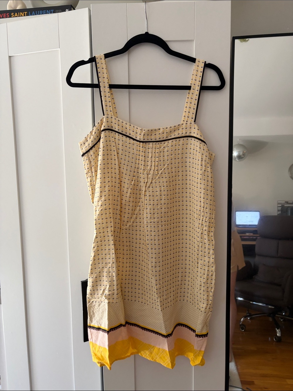 Reiss Yellow Printed Tie-Front Sundress with Black Trim and Pink Hem Banding